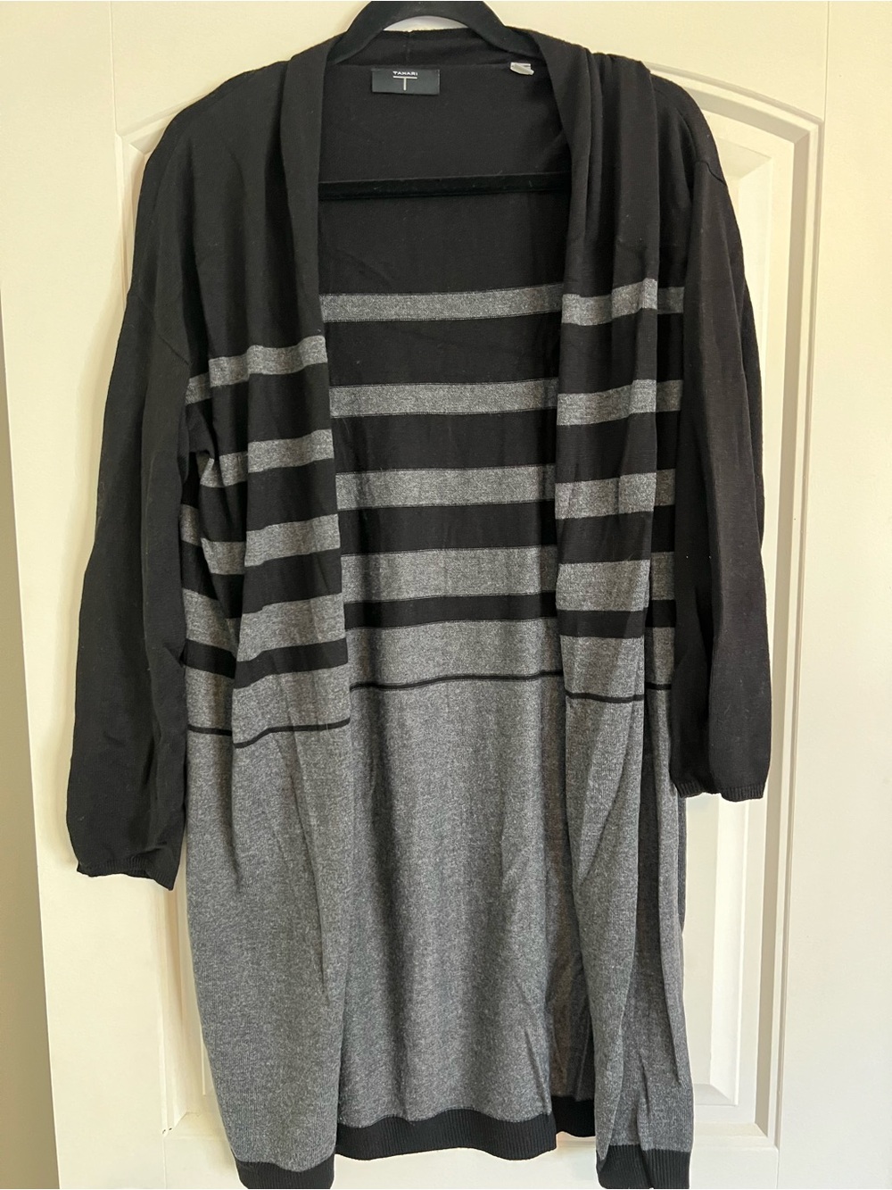 Tahari Open-Front Black and Gray Striped Women’s Long Cardigan